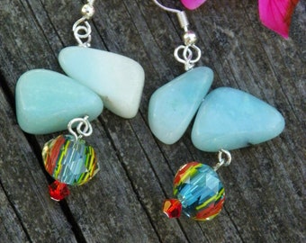 Seafoam stone chips, Glass turquoise beads dangle earrings