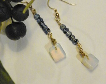 Triangle Denim Blue beads/Opalite cube milky white glass beads on Gold ear wires