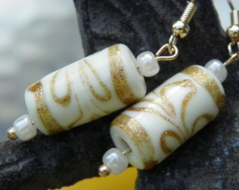 Lampwork white and gold earrings