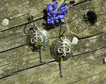 Antique brass, Fleur de lis charm, crystal dangle earrings