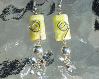 Lime green wire wrapped silver base metal earrings