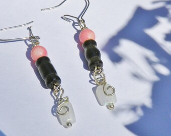 Cat's Eye peach/olive green/frosted white beads dangle earrings