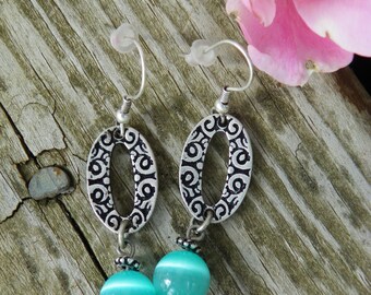 Cat's eye turquoise antique silver dangle earrings