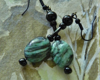 Malachite Jasper Green/ Black glass beads/ Black colored ear wires