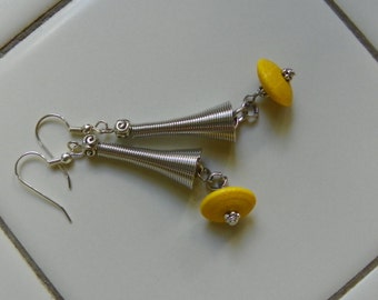 Yellow Wooden beads/ Silver Coils on Silver-Plated Hypo Allergenic Ear wire