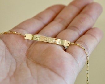 14K Solid Gold Skinny Bar Bracelet With Elongated Rolo Chain - Personalized Bar Bracelet, Coordinates Bracelet, Gift For Her, FREE ENGRAVING