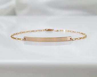 14K Solid Gold Skinny & Dainty Bar Bracelet With Elongated Rolo Chain - Personalized Coordinates Bracelet, Gold Bar Bracelet, FREE ENGRAVING