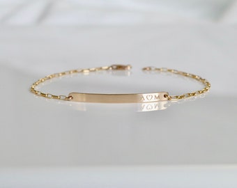 Extra Skinny & Dainty Bar Bracelet With Elongated Rolo Chain - Personalized Bar Bracelet, Roman Numerals, Names, GPS Coordinates Bracelet