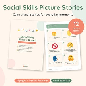 May include: Social Skills Picture Stories educational resource featuring 12 picture stories and 18 pages. The cover displays the title and a list of topics, while the interior page shows Gentle Hands with six illustrated panels and text.