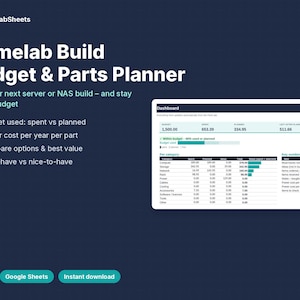 Op de afbeelding: Een digitaal spreadsheet-sjabloon Homelab Build Budget & Parts Planner voor Excel en Google Sheets. De interface toont een dashboard met budgetbewaking, berekeningen van energiekosten en tabellen met uitgaven voor server- of NAS-builds.