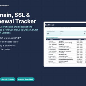 Op de afbeelding: Een digitaal Domain, SSL & Renewal Tracker spreadsheet-sjabloon voor Excel en Google Sheets. De interface toont een dashboard met een tabel voor het bijhouden van items, vervaldata en statuswaarschuwingen voor domeinen en abonnementen.