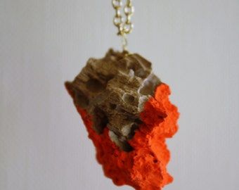 Driftwood Necklace Pendant Necklace in Neon Orange Dipped Color Block