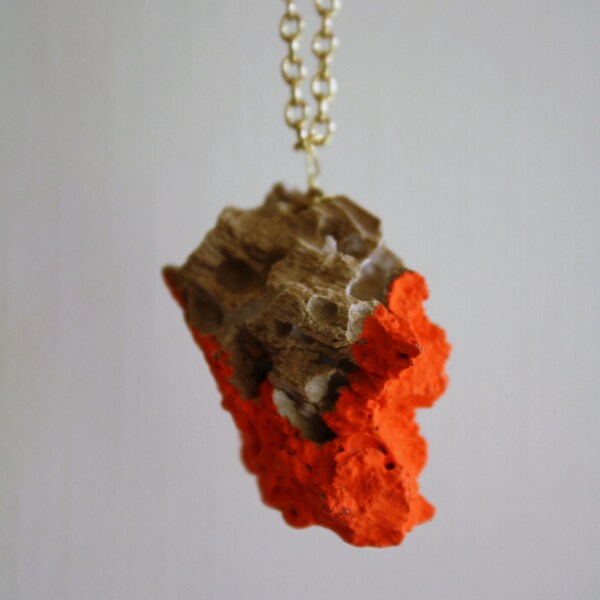 Driftwood Necklace Pendant Necklace in Neon Orange Dipped Color Block