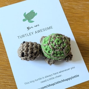 Turtley Super Pocket Umarmung, Schildkröte Geschenk, Taschentoken, Grün, braune Schildkröte, Sorgenplüsch, Mini Schildkröte Freund, gehäkeltes Komforttier