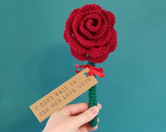 Jubiläumsrose, rotes Rosengeschenk für Frau oder Freundin, künstliche Rose, romantisches Geschenk, personalisiertes Hochzeitstaggeschenk, gehäkelte Rose