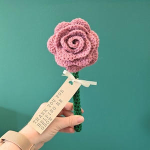 May include: A pink crocheted rose with a green stem and a brown tag that says "Thank you for helping me grow".