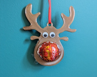 Chocolate Reindeer Christmas Hanging Decoration, Xmas Bauble, Rudolf Red Nose Reindeer Ornament, 3D Printed Deer Head, Lindt/Lindor Holder