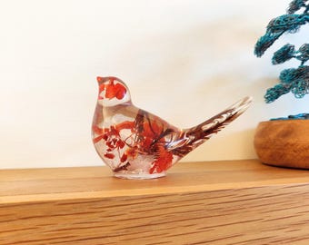 Resin Robin Ornament with Red Flowers, Shelf Sitter Decoration
