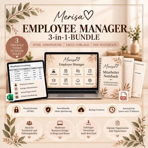 Digitaler Mitarbeiter Manager 3-in-1 | Excel Vorlage, PDF Notizbuch & HTML Anwendung | Personalverwaltung | Teamleiter Planer