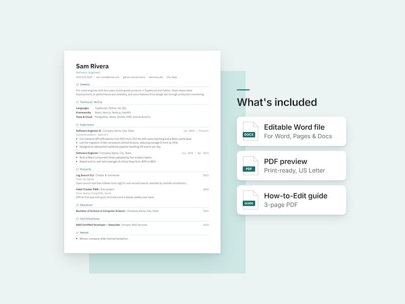 Software Engineer Resume Template, Editable Developer Resume for Word ...