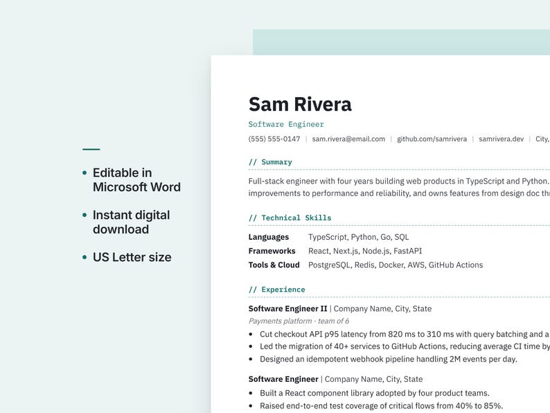Software Engineer Resume Template, Editable Developer Resume for Word ...