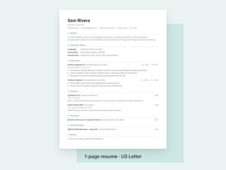 Software Engineer Resume Template, Editable Developer Resume for Word ...