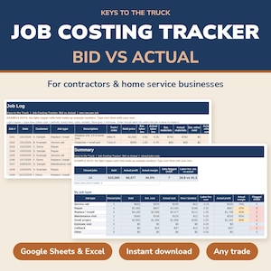 May include: A digital job costing tracker spreadsheet for contractors and home service businesses. The document features a Job Log and Summary table with columns for job numbers, dates, customer names, labour hours, and profit margins.