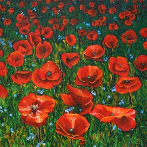 Poppies blank Fine Art card, taken from my original acrylic on canvas painting, with white envelope in a clear plastic sleeve - flowers, art