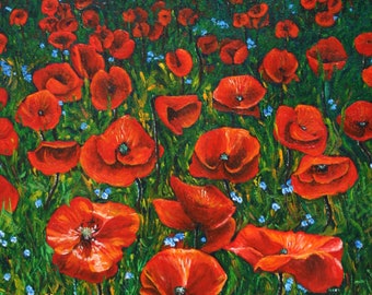 Poppies blank Fine Art card, taken from my original acrylic on canvas painting, with white envelope in a clear plastic sleeve - flowers, art