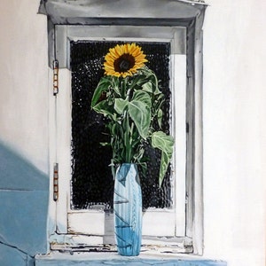 Tarjeta de bellas artes - alféizar de ventanacon sin sol con girasol