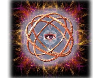 May include: A stylized eye with a purple iris is surrounded by a circular, woven, copper-colored design. The design is set against a background of swirling, abstract patterns in shades of pink, purple, and gold.