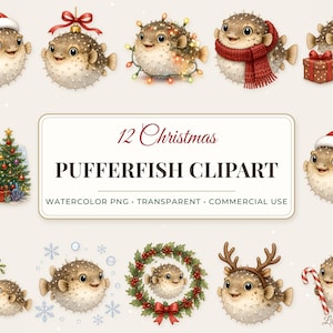Christmas Pufferfish Clipart, Watercolor Puffer Fish PNG Bundle, Funny Ocean Christmas Clip Art, Transparent PNG, Commercial Use