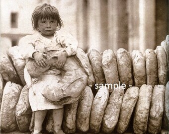 Fench Girl with Loaves of Bread Outside Bakery in 1919 - Vintage Photo Print, Ready to Frame