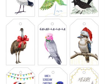 May include: A set of nine rectangular gift tags featuring watercolour illustrations of Australian birds including an ibis, parrot, emu, galah, kookaburra, magpie, and wren, with holiday-themed text like Santa's Little Bin Bandit and Merry Christmas.