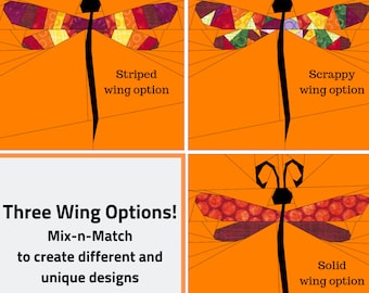 PDF Pattern - dragonfly quilt block 10-inch - foundation paper piecing pattern - fpp pattern - sewing project - Skinny Bug Studio dragonfly