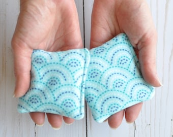 Pocket handwarmers set of 2 - microwave rice bag - boo boo bag - hot cold rice pack - spa therapy - teacher gift - flannel teal scallops