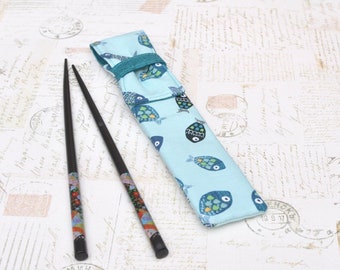 Chopstick Pouch - reusable straw carrier - makeup brush case -  crochet hook bag - knitting needle pouch - art supply bag - aqua fish