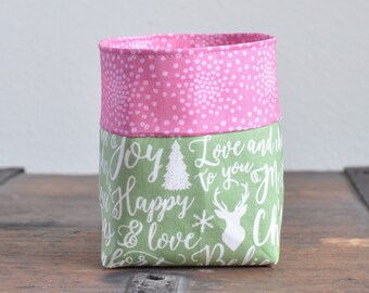 mini Fabric Basket - Christmas candy bin - stocking stuffer - nursery decor - tea bag bin - teacher gift - party favor box - Comfort and Joy