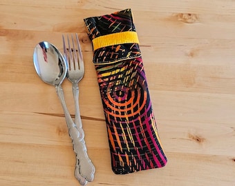 Utensil Pouch - fun cutlery carrier - handmade silverware case - fabric picnic pouch - lunch bag accessory - teacher gift - neon circles