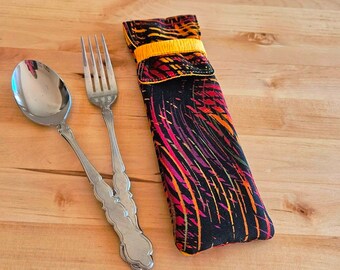 Utensil Pouch - fun cutlery carrier - handmade silverware case - fabric picnic pouch - lunch bag accessory - eyeglass case - neon waves