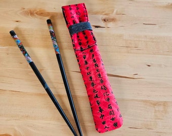 Chopstick Pouch - reusable straw carrier - wedding gift - crochet hook bag - knitting needle bag - art supply organizer  - red grey script