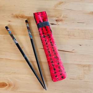 Chopstick Pouch reusable straw carrier wedding gift crochet hook bag knitting needle bag art supply organizer red grey script image 1