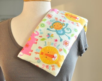 18" Hot cold shoulder wrap - neck pack - microwave rice pad - washable cover - child boo boo bag - nursery accessory - flannel lion monkey