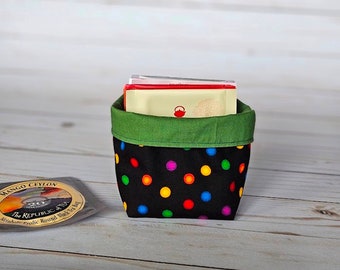 mini Fabric Basket - reversible handmade basket - candy dish - stocking stuffer - tea bag caddy - colorful polka dot green