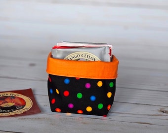 mini Fabric Basket - reversible handmade basket - candy dish - stocking stuffer - tea bag caddy - colorful polka dot orange