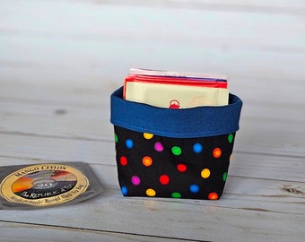 mini Fabric Basket - reversible handmade basket - candy dish - stocking stuffer - tea bag caddy - colorful polka dot blue