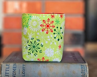 mini Fabric Basket - Christmas home decor - stocking stuffer - reversible container - tea bag caddy - candy dish - snowflakes