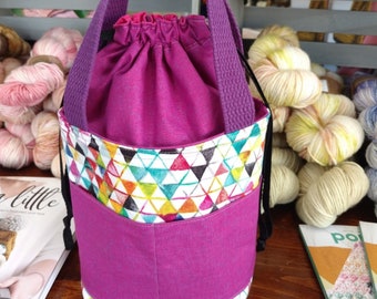 small project bag with drawstring cover - knitting bag - mini tote - lunch sack - craft lover gift - crochet storage - colorful triangles