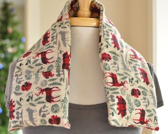 30" Hot cold shoulder wrap - neck pack - microwave rice heating pad - washable cover - injury relief - cold pack - flannel forest creatures