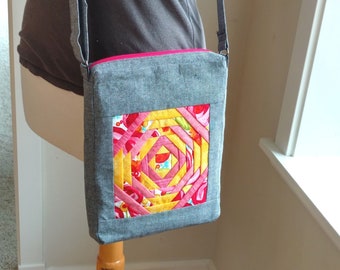 Crossbody bag  - minimalist purse - zippered bag with pockets - pineapple quilt block design - gift idea - pinks and yellow